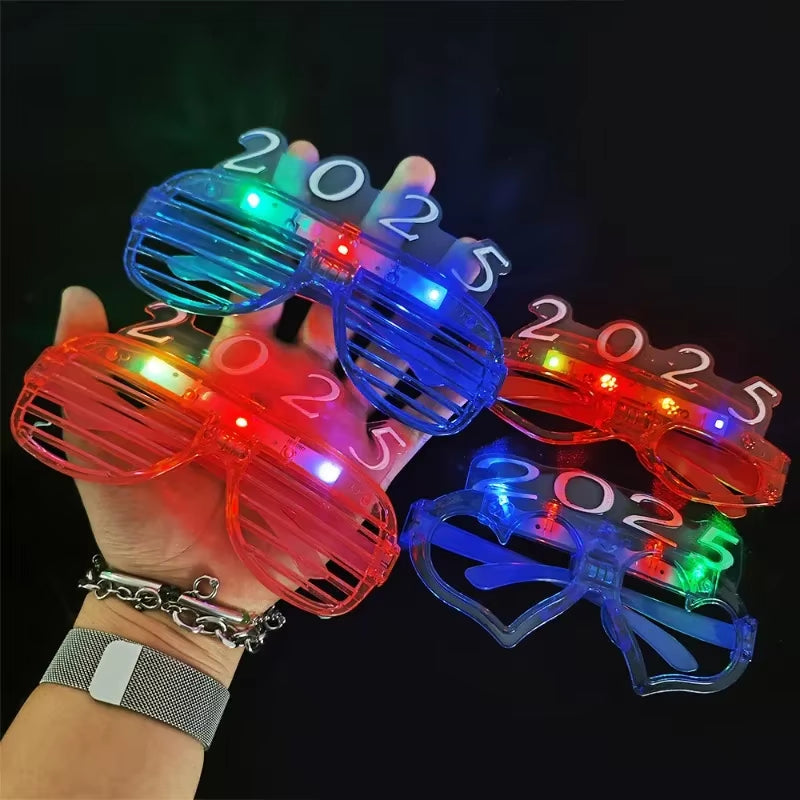 1/5PCS 2025 Neon Glasses LED Lights up Flashing Christmas Mardi Glasses Kid Toys for New Year Xmas Party Luminous Decorations